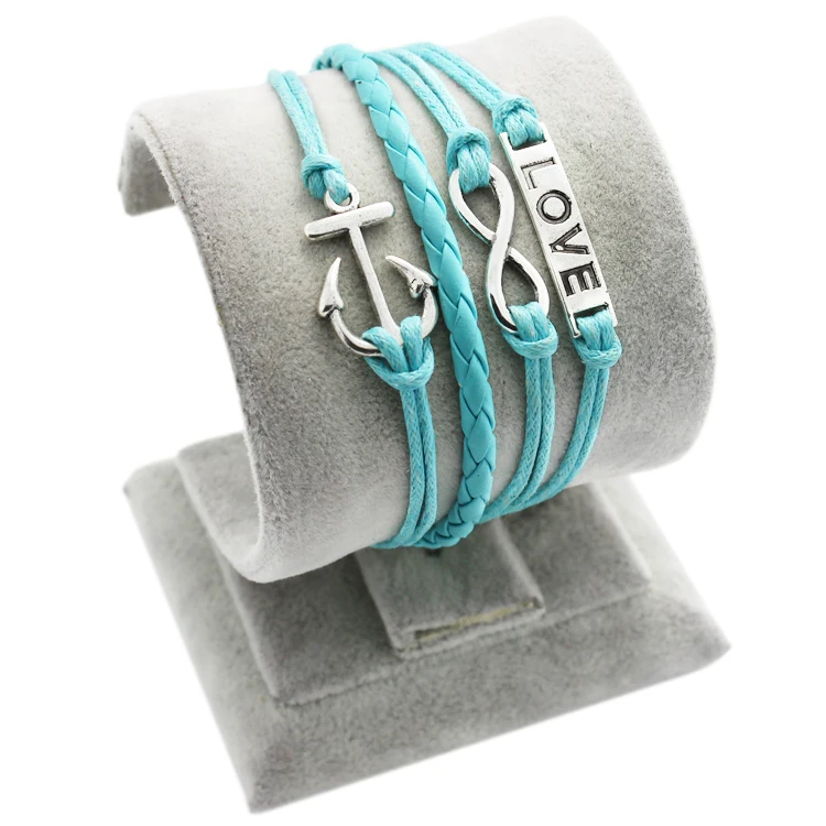 Handmade Braided PU Multilayer Sky Blue Leather Rope LOVE Anchor Infinity Fashion Women Dress Jewelry Vintage Alloy Bracelet | Украшения и