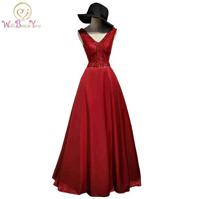 Walk Beside You Burgundy Evening Dresses Long 2019 Gold Satin Beaded Crystal V neck vestido de fiesta largos de noche elegante