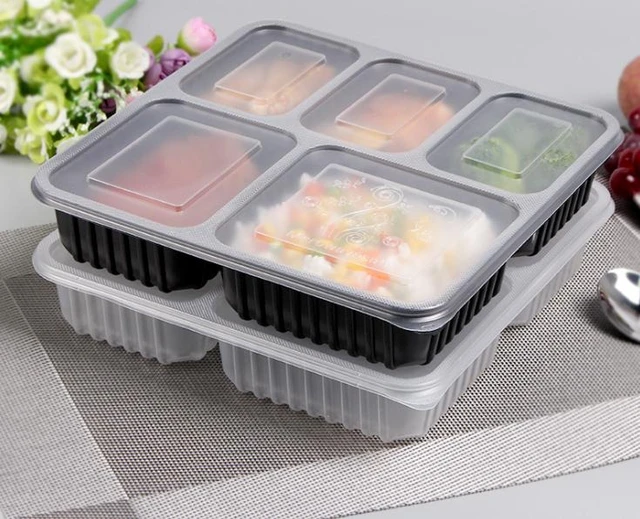 Heres A New Title Suggestion For Your Product: Brand: PackMate Type: 4  Compartment Disposable Bento Box Specs: Black Grade PP, Clear Color  Keywords: Take Out Containers Dinnerware Sets Key Points: Eco Friendly