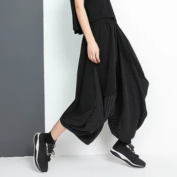 

Johnature Elastic Waist Splicing Stripe Wide Leg Pants 2020 New Plus Irregular Female Black Streetwear Ankle-Length Pants Spring