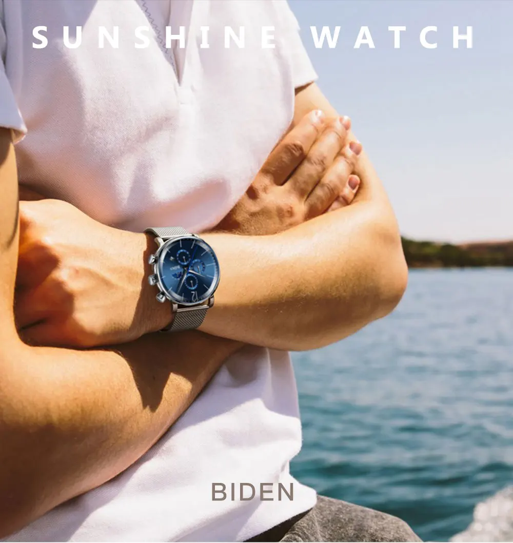 Роскошные мужские часы с хронографом от ведущего бренда, синие часы с циферблатом, с изображением Солнца и Луны и звезд, со стальным сетчатым ремешком, спортивные водонепроницаемые мужские наручные часы