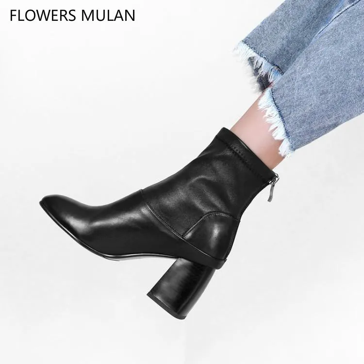 

Chic Sewing Black Leather Fashion Ankle Boots For Women Square Toe High Heels Winter Shoes Woman Back Zipper Zapatos De Mujer