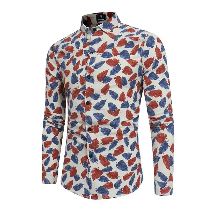 

New Man Long Sleeve Autumn leaves Printing men Shirt dress mens linen slim fit men's business camisa social masculina shirts