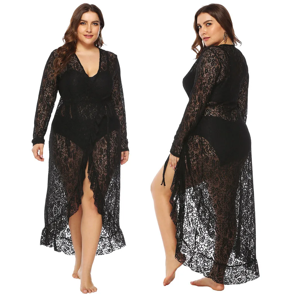 

Ladies sexy Plus lace Dress deep V irregular ruffled straps beach Bathing Bikini Swimsuit Crochet Smock Beach Cover Up