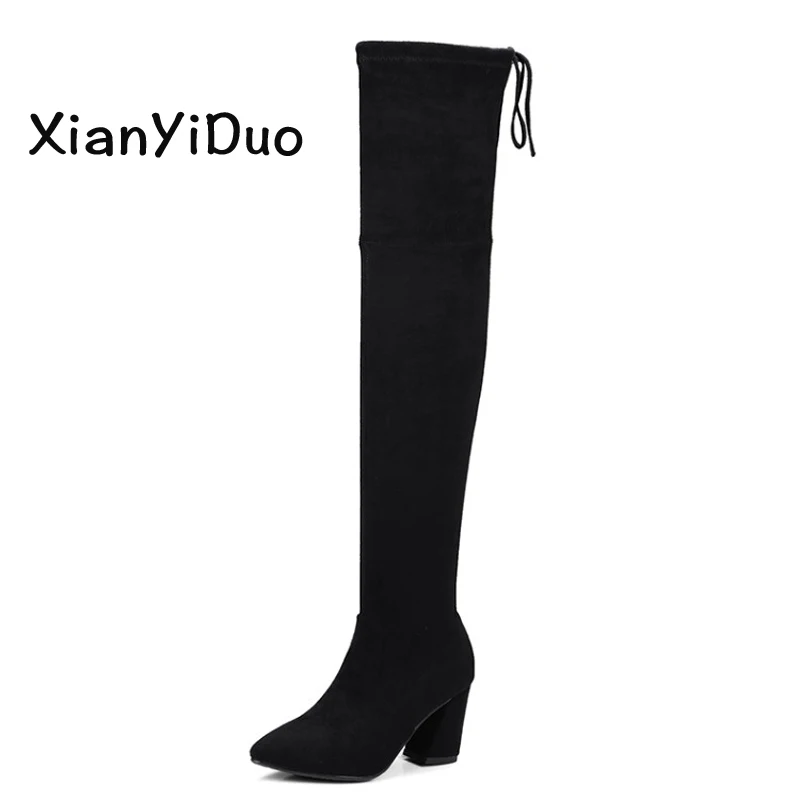 

XianYiDuo Spring/Autumn Overy the Knee Pointed Toe Women's Shoes Heel Height Boots black Light gray plus size 40-43 /1083-8