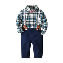 Коллекция года, комплект джентльменской одежды для маленьких мальчиков, осенне-зимний комбинезон с галстуком-бабочкой+ ремень+ штаны, комплект для малышей, одежда в клетку в английском стиле длинный костюм для малышей