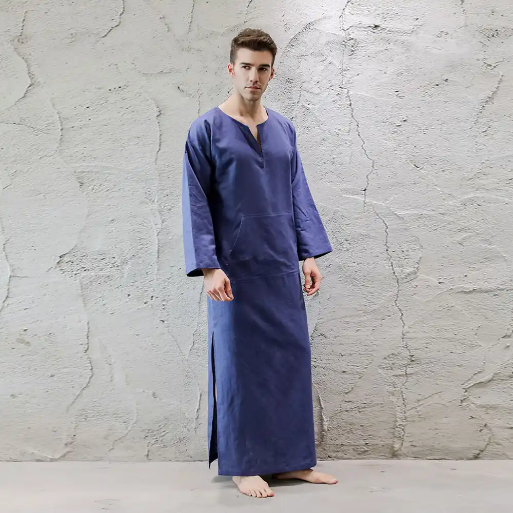 7 VEILS Men's Robe Casual Kaftan Cotton Thobe V Neck Long Gown Side