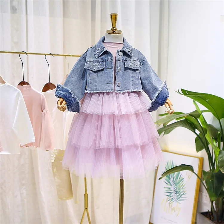 

5460 Pearls Denim Toddler Princess Fall Winter Baby Girl Clothing Set Outwear Top Jacket + Tutu Dress Thanksgiving Baby Clothes