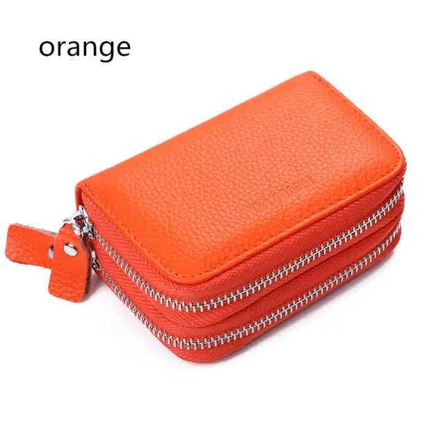 Fashion Women Card Holder Double Zipper Genuine Leather Wallet Credit Cards Case Bag orange