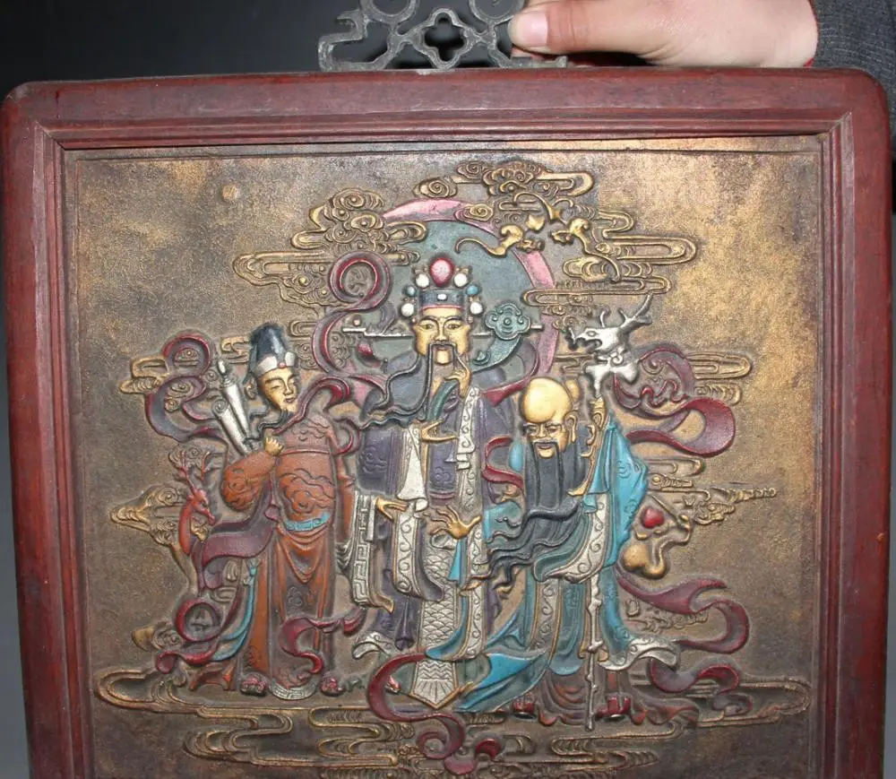 

15"Old Wood Bronze Painting Fu Lu Shou Mammon Shouxing Thangka Folding Screen