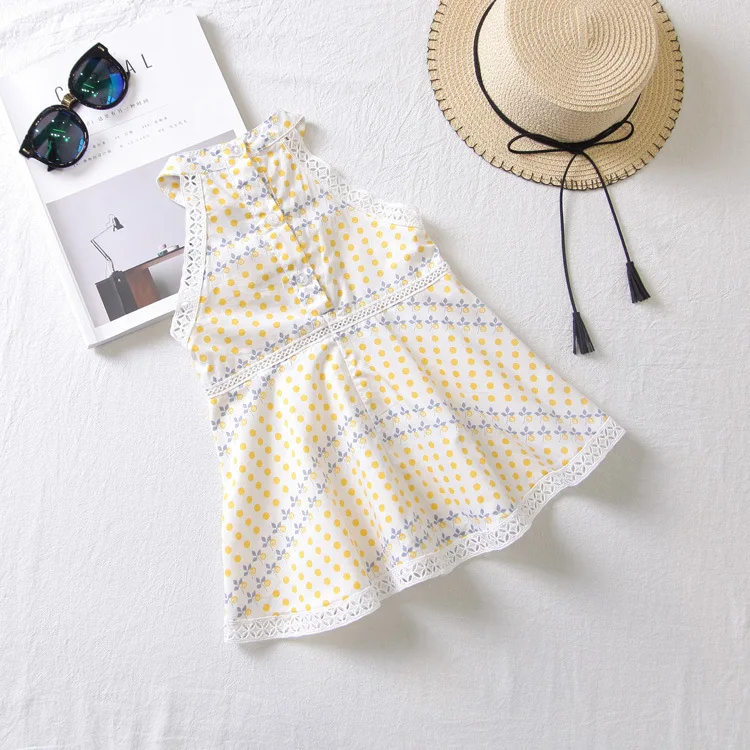 

2019 New Summer Girls Dress Baby Sleeveless Dot Clothes Button Lace Hollow Wedding Formal Outfits Girl Beach Funny Clothing