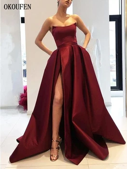 

Burgundy Prom Dresses 2019 High Split Satin Sweetheart Dusty Pink Formal Evening Gowns vestidos de fiesta largos elegantes gala