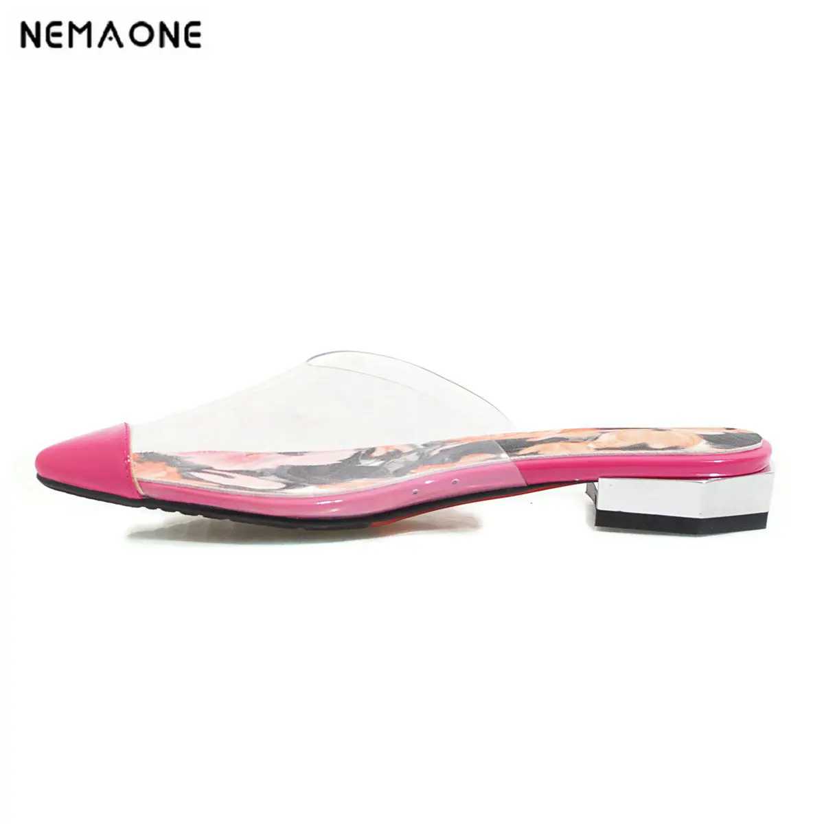 

NEMAONE 2019 New PVC Jelly Slippers woman poined Toed Sexy low Heels Women Transparent Sandals large size 48