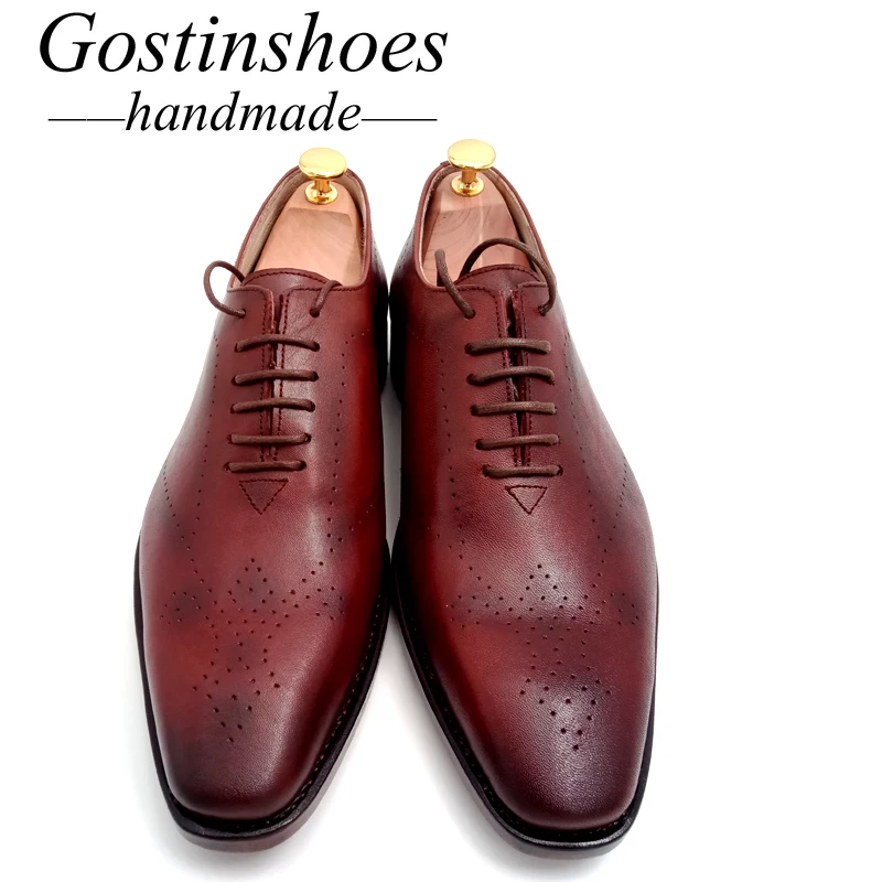 Goodyear Welted Handmade Men Dress Shoes Brown Genuine Leather Men Formal Shoes Oxfords Pointed Toe Lace-up Men Shoes GSTN013
