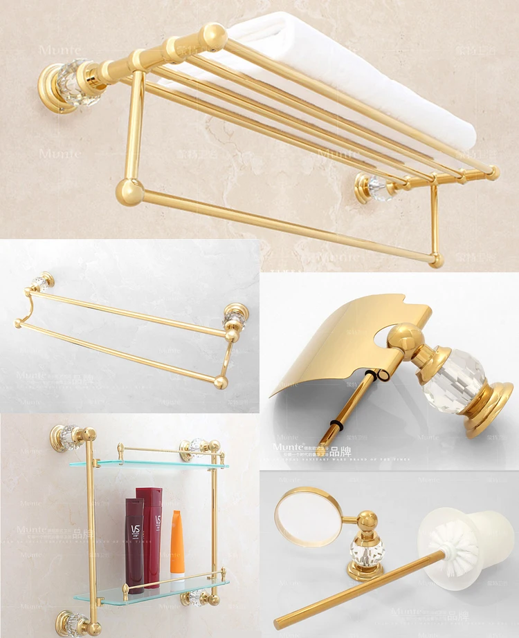 Luxury Gold Crystal Decoration Bathroom Hardware Hanger Set Towel Bar Rack Paper Holder Shelf