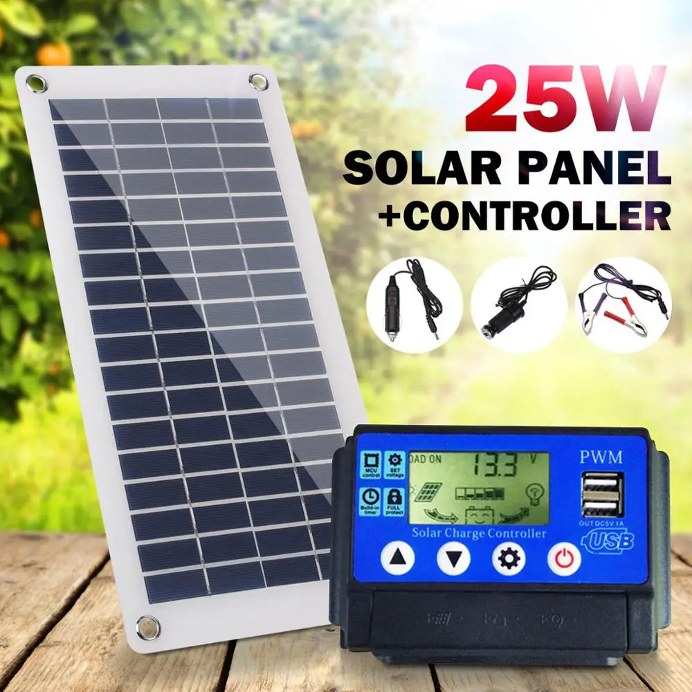 

25W 12V USB Polysilicon Solar Panel Solar Cell + 10/20/30/40/50A PWM Solar Charger Controller for Fishing Boat Cabin Camping