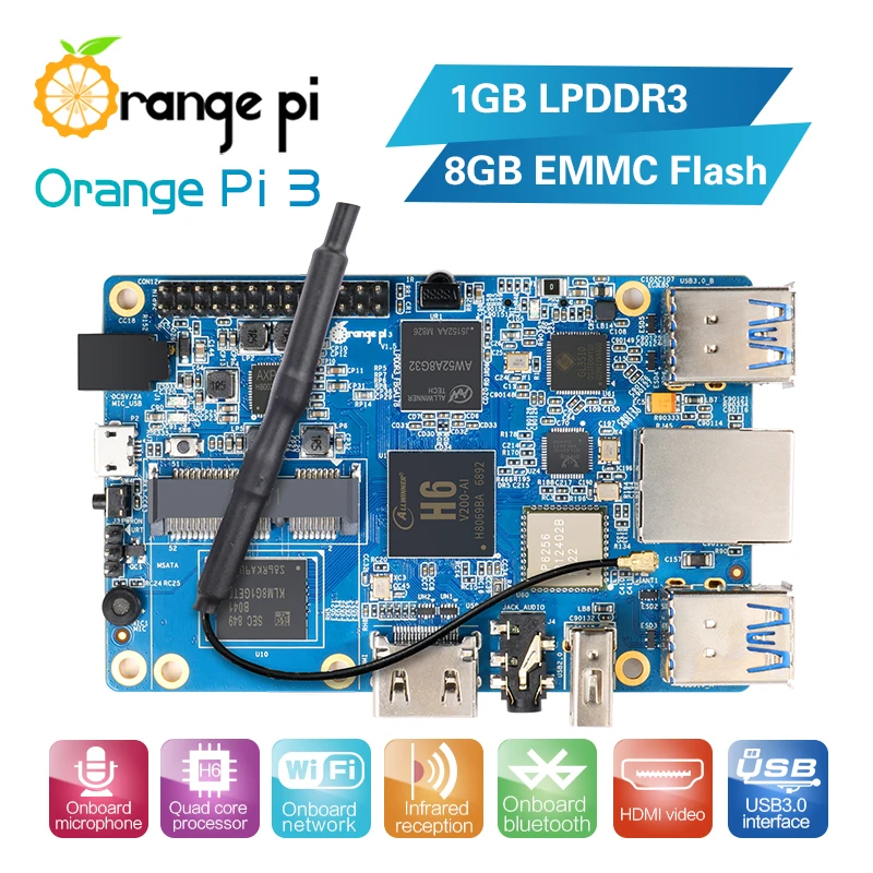 

Orange Pi 3 H6 1GB LPDDR3 + 8GB EMMC Flash Gigabyte AP6256 Bluetooth5.0 4*USB3.0 Support Android 7.0, Ubuntu, Debian