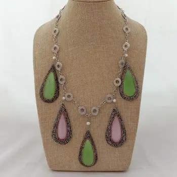

20'' 29x57MM Green Pink Cats Eye White Pearl Necklace