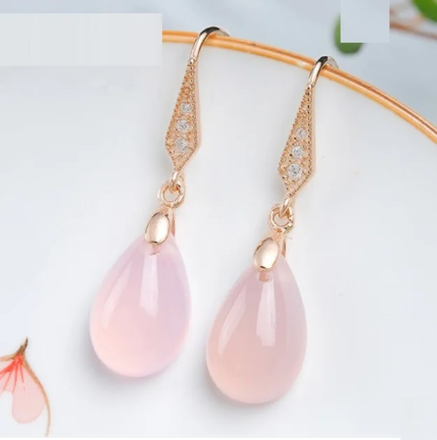 

S925 Sterling Silver-inlaid Pink Chalcedony Girl Jade Earrings Water Drops Earrings Sweet Romantic Youth Flavor Free Shipping