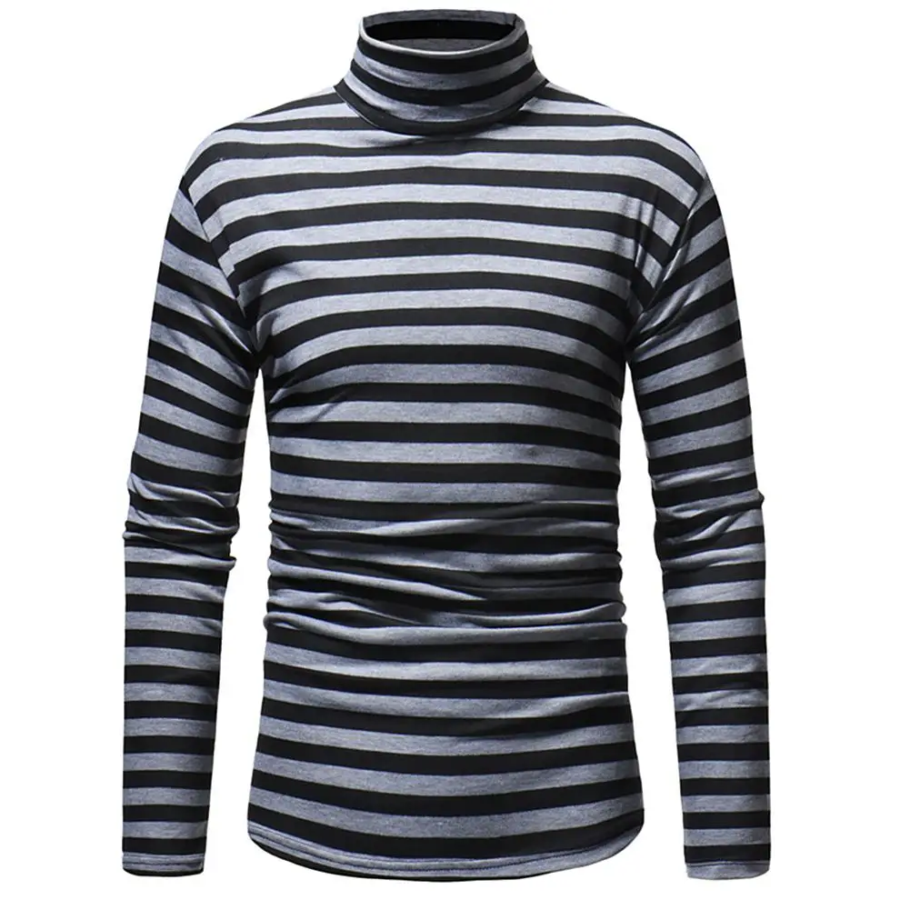 Осенняя мужская повседневная футболка в полоску s с длинным рукавом мужские футболки топы хлопок трендовая водолазка размер плюс мужской футболка san0 - Цвет: black