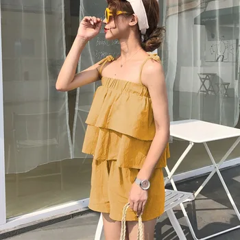 

2019 Boho Summer Sleeveless Elastic Waist Camisole Two Piece Set Women's Fashion Solid Ruffles Cami Top And Shorts Set Outfits