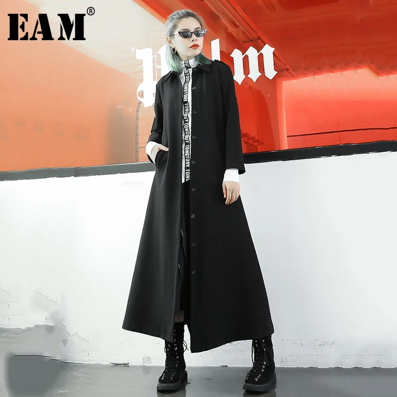 

[EAM] Women Black Long Brief Trench New Lapel Long Sleeve Button Loose Fit Windbreaker Fashion Tide Autumn Winter 2019 JZ129