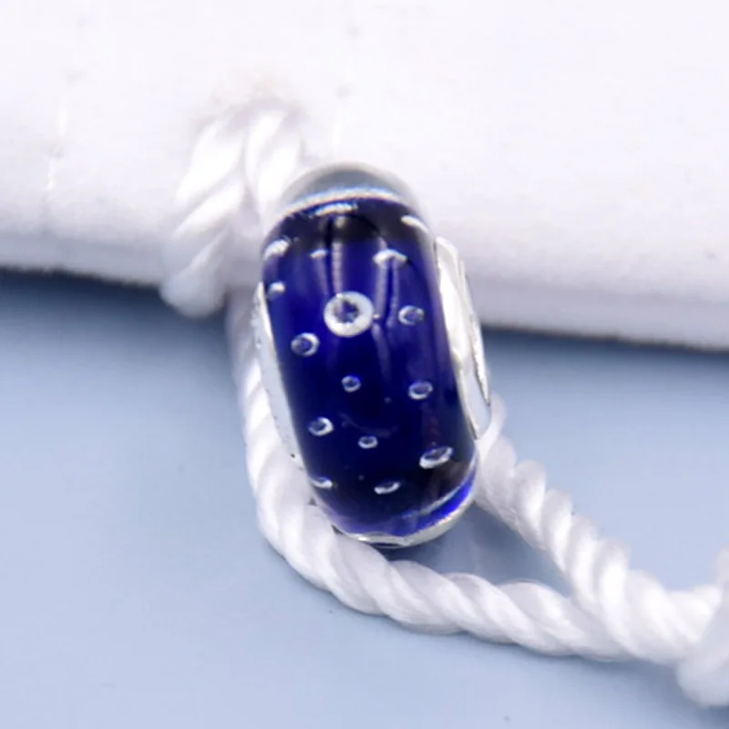 

New 925 Sterling Silver Bead Charm Dark Blue Effervescence Lampwork Murano Glass Beads Fit Pandora Bracelet Bangle DIY Jewelry