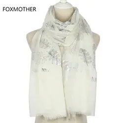 Foxmother Новый Для женщин Мода Bronzing Фольга бело-золотые листья écharpe длинные Шарфы для женщин с бахромой