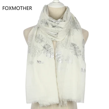 

FOXMOTHER New Women Fashion Bronzing Foil Gold White Leaves Echarpe Long Scarves With Fringe