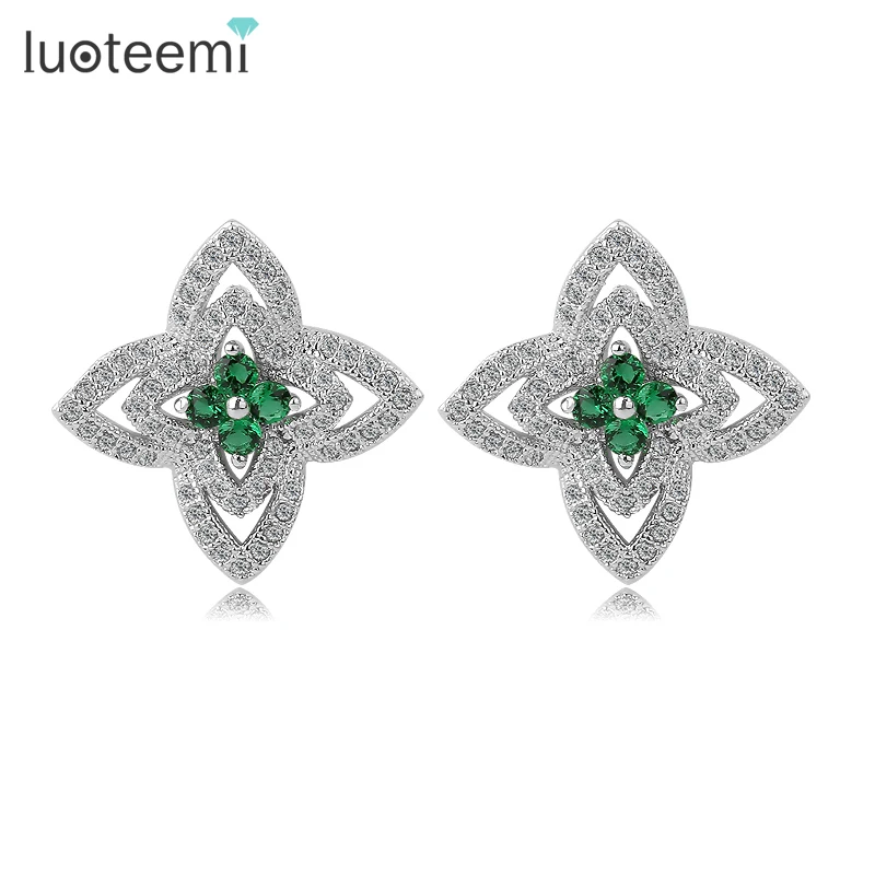 

LUOTEEMI New Brand Top Sale New Flower Earrings White Gold-Color Inlay Emerals Cubic Zircon Stud Earrings for Women Own Factory