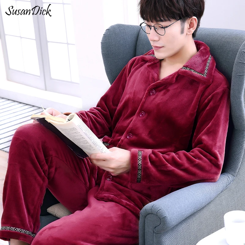 SusanDick 2017 Autumn Winter Coral Fleece Pajamas Men Thick Warm