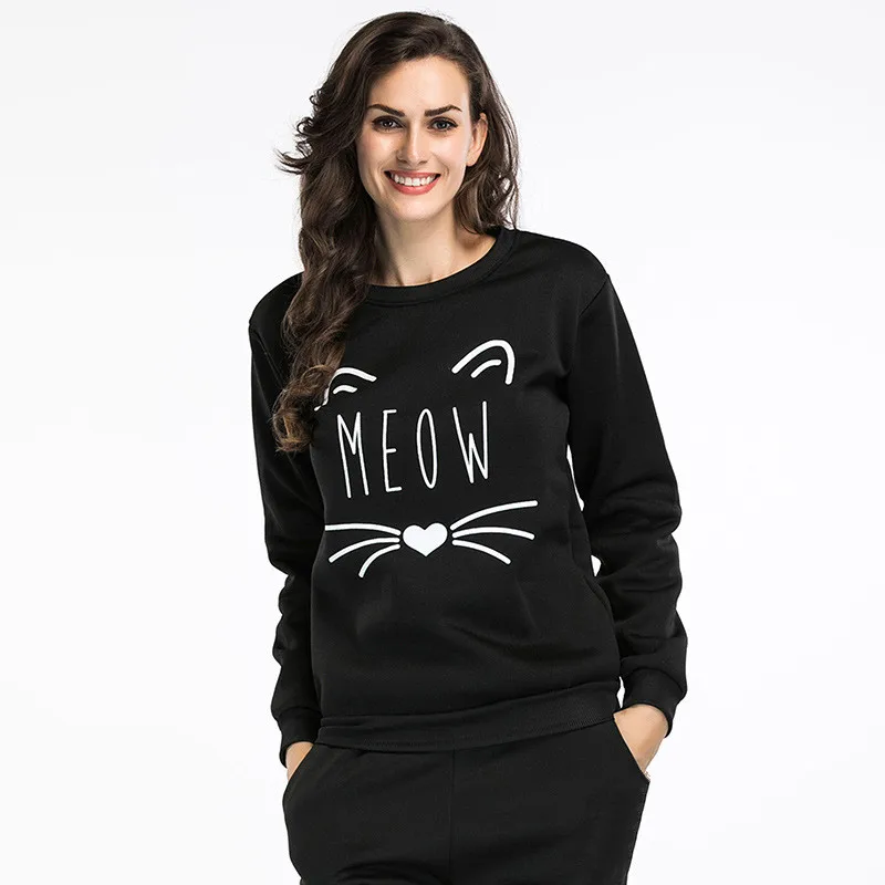 Women's Cartoon Cat Print Sweatshirt Long Sleeve Casual
