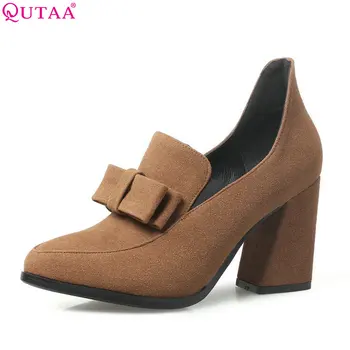 

QUTAA 2018 Women Pumps Pointed Toe Flock Butterfly-knot Slip Onsquare High Heel Casual Westrn Style Ladies Pumps Size 34-43