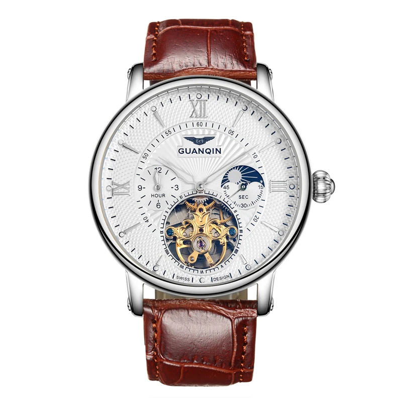

GUANQIN GJ16036 2017 watches men luxury brand Tourbillon Automatic Sport Watch With Moon Phase Gold Male Leather Wristwatch