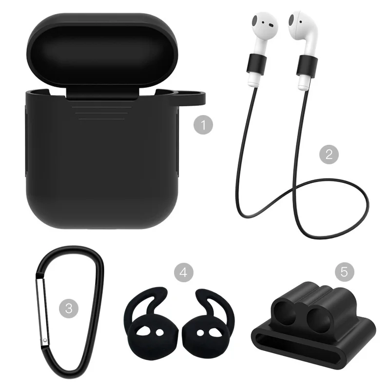 Чехол Airpod для Apple, мягкий силиконовый чехол для Airpods, беспроводная гарнитура, противоутеряющие веревки, силиконовые наушники, набор из 5 предметов