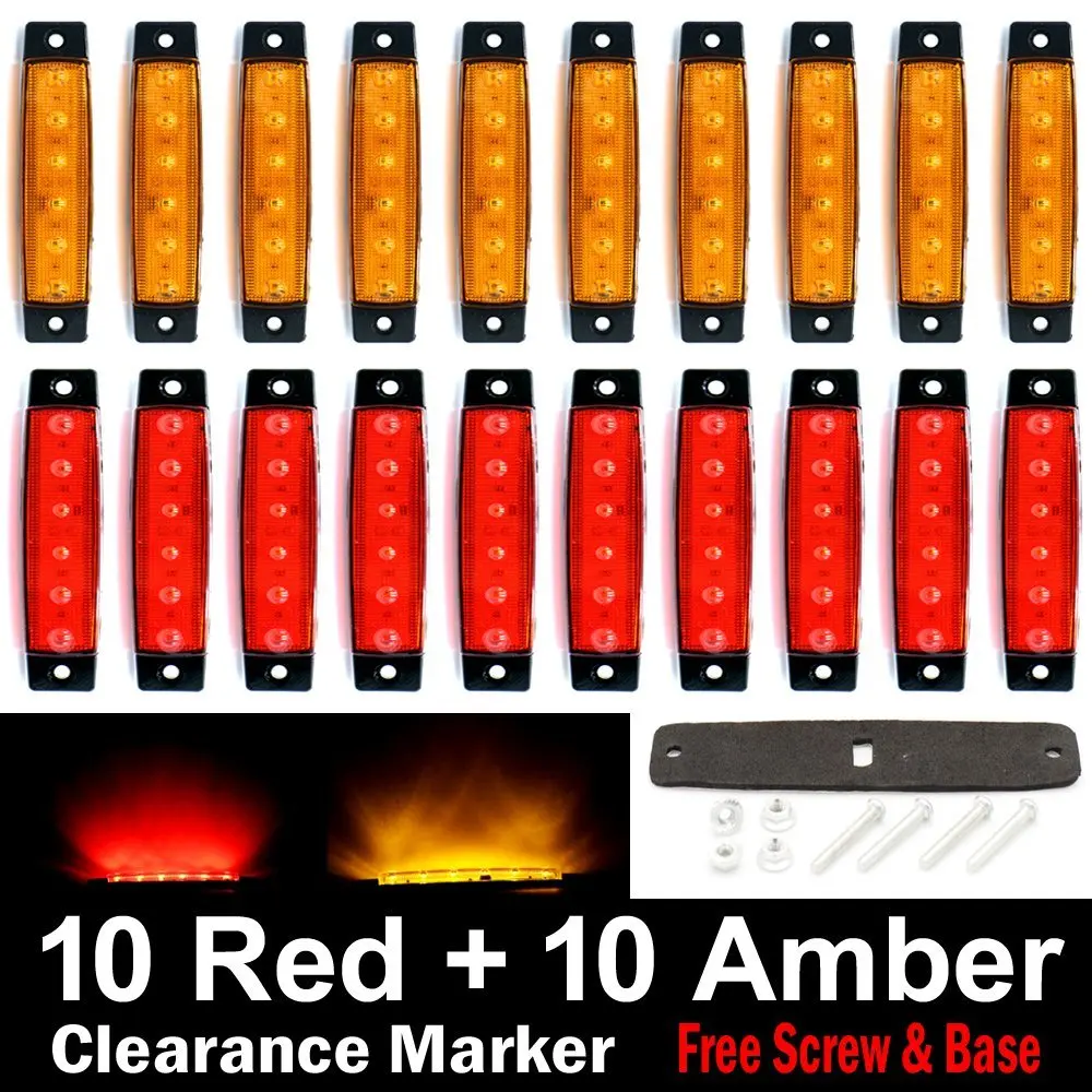 20X TMH 3.8" 6 LED Side Marker Lights 10 Red + 10 Amber Rear Side