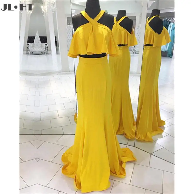 

Unique Yellow Evening Dresses with Ruffles Halter Sleeveless Prom Party Gown Sweep Train Two Pieces Formal Evening Dress