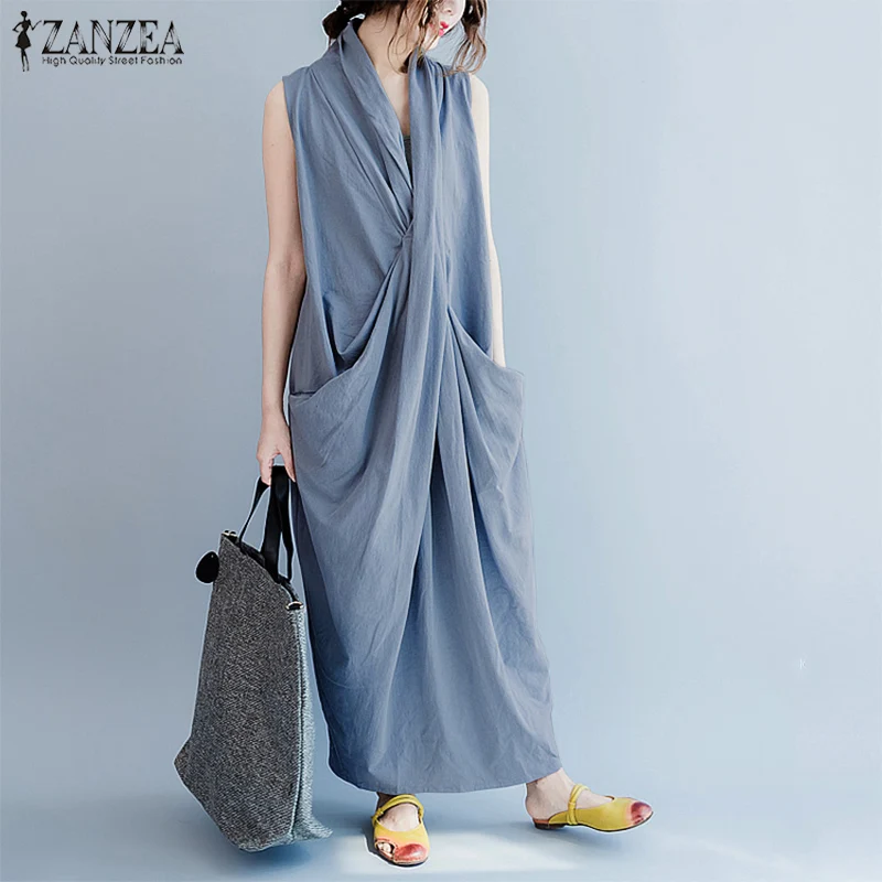 ZANZEA, женское платье макси, повседневное, без рукавов, глубокий v-образный вырез, асимметричный подол, длинное платье, больше размера d, летнее пляжное платье, сарафан размера плюс
