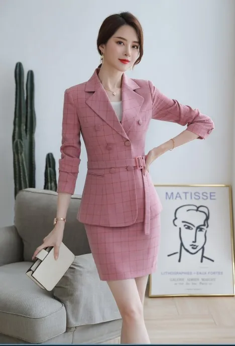 Pink coat and skirt Осенние клетчатые брюки sutis для женщин, тонкий модный темперамент, профессиональный блейзер с длинным рукавом и брюки для офиса - Цвет: Pink coat and skirt