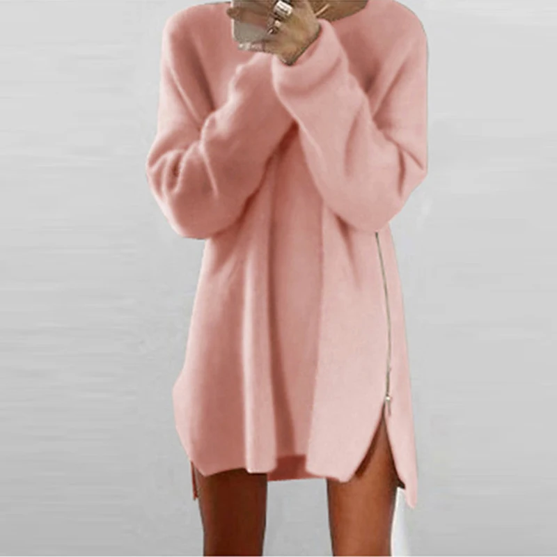 Autumn Winter Sweater Dress Casual Loose Zipper Sides Irregular Women