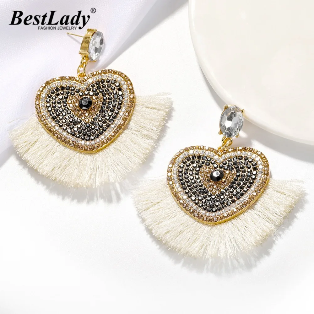 

Best lady Luxury Wedding Crystal Heart Drop Earrings Jewelry Earrings for Women Love Gift Bohemian Shiny Fringed Tassel Earings
