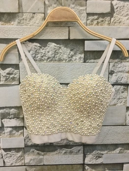 

P59 New High-end Hand-made Pearls Jewel Diamond Bralet Women's Corset Bustier Bra Night Club Party Cropped Tops Plus Size