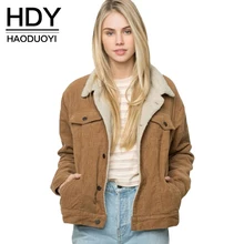 HDY Haoduoyi Winter Womens Brown Corduroy Jacket Long Sleeve Turn-down Collar Jacket Coat Single Breasted Basic Women Warm Coat