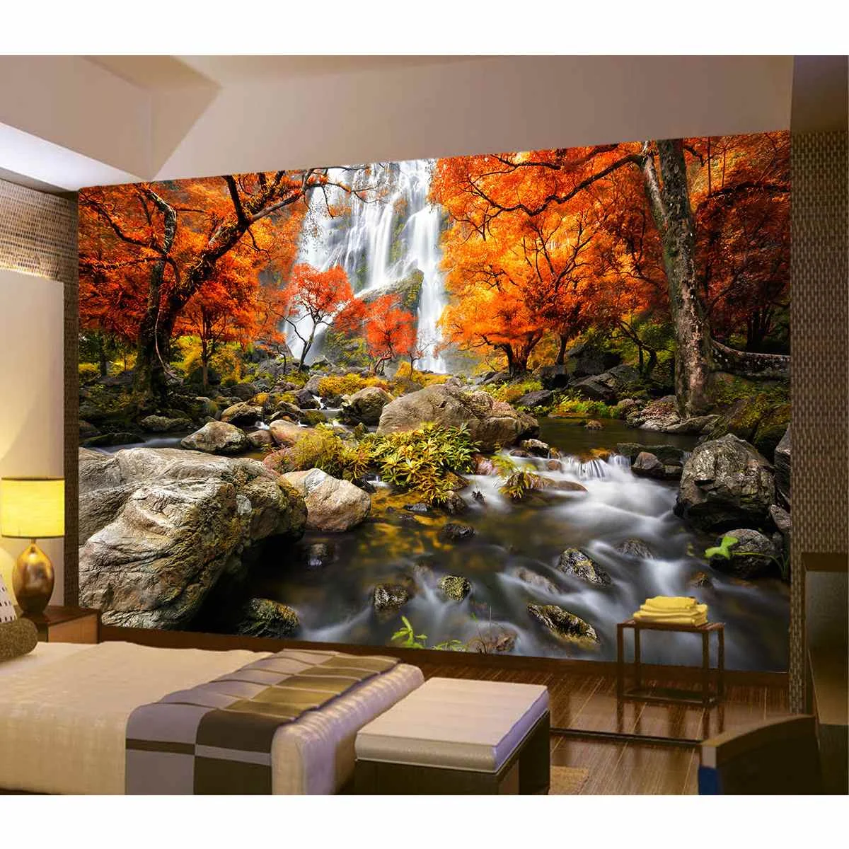 

380*255cm 3D Photo Wallpaper Wall Mural River Waterfall Maple Nature Scenery Livingroom Bedroom Decor Sofa TV Background Picture