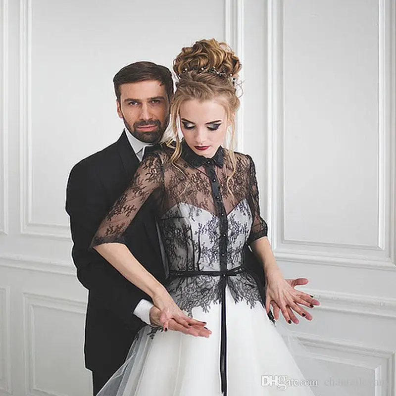 

New Design White and Black Wedding Dresses Unique 2017 High Collar half Sleeves Lace Bridal Dress sweep Train