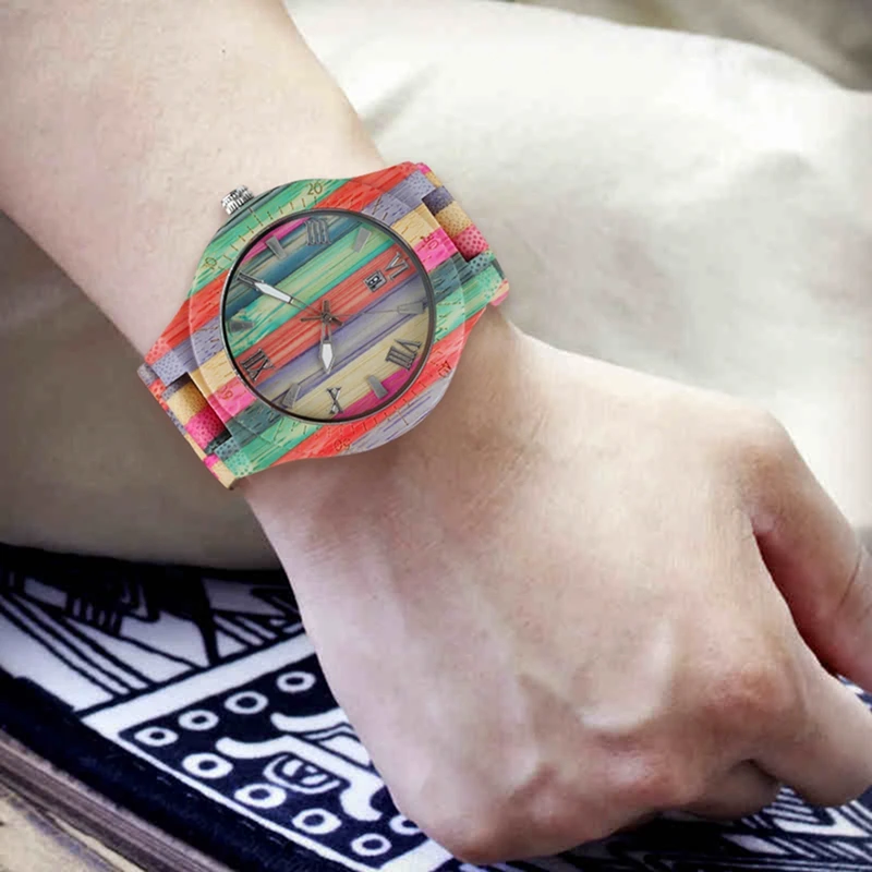 Уникальные красочные мужские бамбуковые часы для влюбленных ручной работы, натуральный деревянный браслет, кварцевые аналоговые Роскошные наручные часы, идеальные подарки