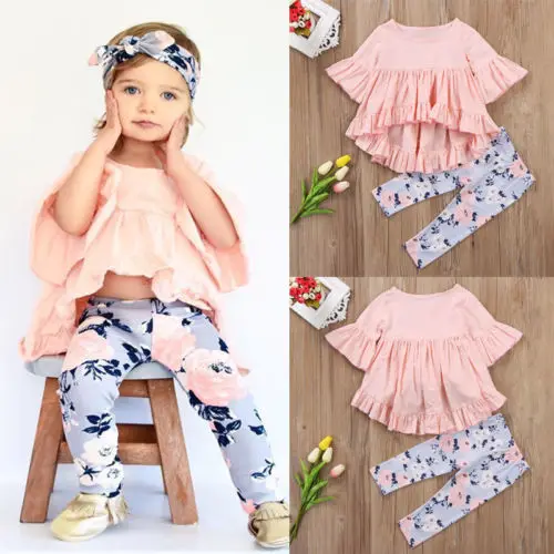 Хлопковая Футболка Топ, штаны с короткими рукавами комплект одежды из 2 предметов с цветочным принтом для маленьких девочек, комплекты одежды