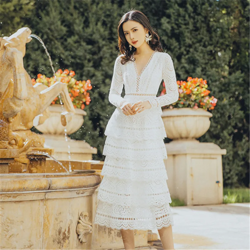 

High Quality Best-selling Elegant Party Queen 2019 New Arrival V Collar Collect Waist Lace Woman Long Dress White