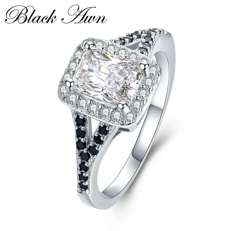 

[BLACK AWN] 3.1g 925 Sterling Silver Jewelry Wedding Rings for Women Black&White Engagement Ring Rectangle Zircon Bague C409