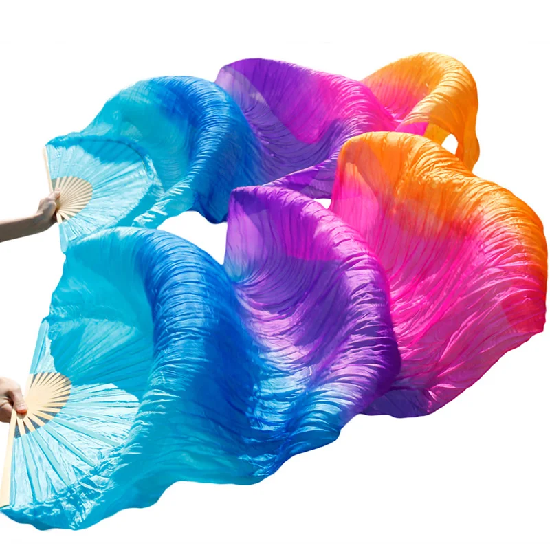 Dance Fans Bamboo Ribs Natural Silk Stage Performance Props Dye Fans Women Belly Dance Silk Fans turquoise+purple+ rose+orange